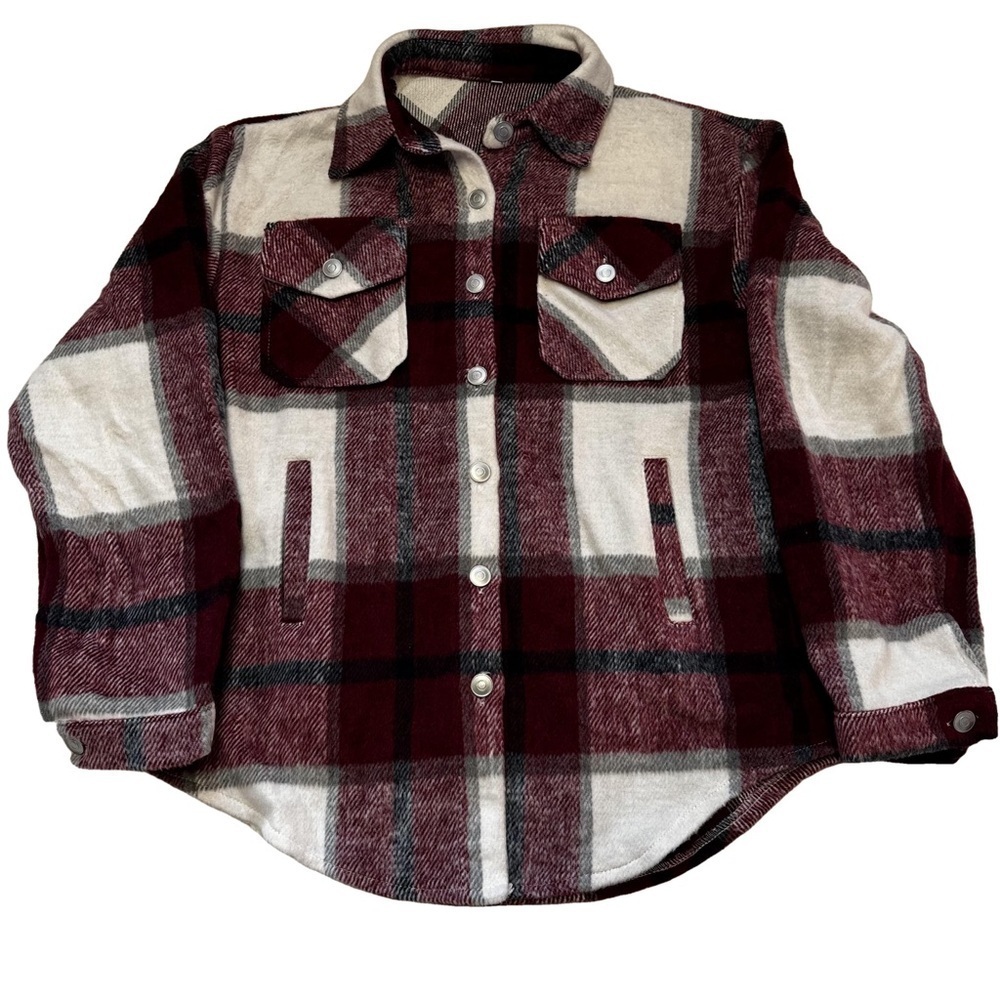 Flannel Shirt Jacket Shacket Coat Size XS Plaid Red White Black Cream Pockets - Picture 14 of 15